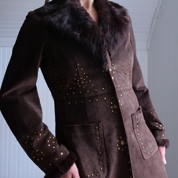 Willi Smith Jackets & Blazers - Gorgeous Y2K Willi Smith boho cocoa brown fur trimmed studded suede leather coat